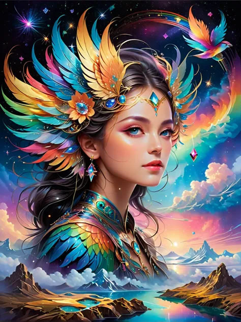 dramatic depiction of a stunning beauty with glittering wings,rainbow feathers. she flew over surrealism,dusk sky,leaving a trai...