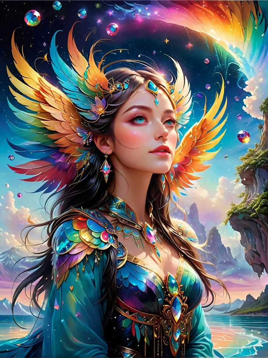 Dramatic depiction of a stunning beauty with glittering wings,Rainbow feathers. She flew over surrealism,Dusk sky,Leaving a trail of stardust behind. Her eyes sparkled with mystery and curiosity.. She is surrounded by floating islands that are not affected by gravity.,Each piece is decorated with bright colors,Floating crystal. Bold and fantastical colors,Create an otherworldly beauty. Use drone cameras to capture unique angles.,