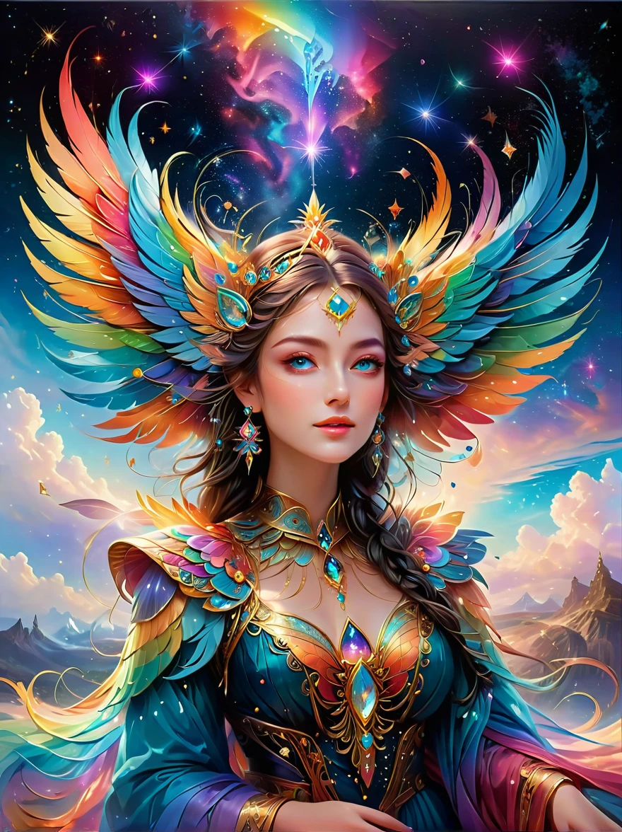 Dramatic depiction of a stunning beauty with glittering wings,Rainbow feathers. She flew over surrealism,Dusk sky,Leaving a trail of stardust behind. Her eyes sparkled with mystery and curiosity.. She is surrounded by floating islands that are not affected by gravity.,Each piece is decorated with bright colors,Floating crystal. Bold and fantastical colors,Create an otherworldly beauty. Use drone cameras to capture unique angles.,