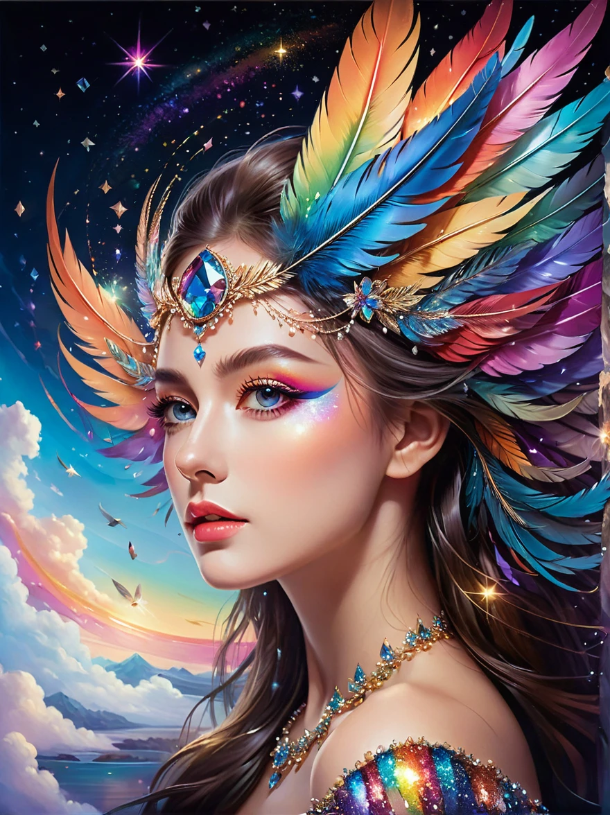 Dramatic depiction of a stunning beauty with glittering wings,Rainbow feathers. She flew over surrealism,Dusk sky,Leaving a trail of stardust behind. Her eyes sparkled with mystery and curiosity.. She is surrounded by floating islands that are not affected by gravity.,Each piece is decorated with bright colors,Floating crystal. Bold and fantastical colors,Create an otherworldly beauty. Use drone cameras to capture unique angles.,