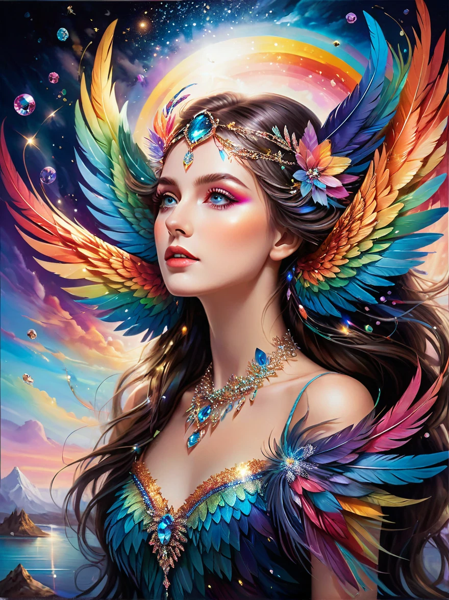 Dramatic depiction of a stunning beauty with glittering wings,Rainbow feathers. She flew over surrealism,Dusk sky,Leaving a trail of stardust behind. Her eyes sparkled with mystery and curiosity.. She is surrounded by floating islands that are not affected by gravity.,Each piece is decorated with bright colors,Floating crystal. Bold and fantastical colors,Create an otherworldly beauty. Use drone cameras to capture unique angles.,