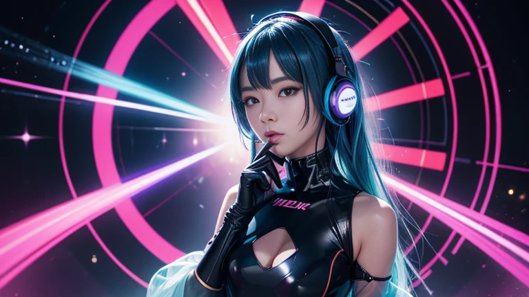 (masterpiece), highest quality, 超High resolution,Girl, サイバーパンク 1 美しい都市景観の上を飛ぶGirl ,Headphones,Blue Hair, Neon colorの流れ星, Very long hair, Off the shoulder, Neon color, Blink, Amazing night sky, Cinema Lighting, Realistic, Realistic Skin, High resolution,Fisheye Lens,Wearing a see-through transparent rubber suit,