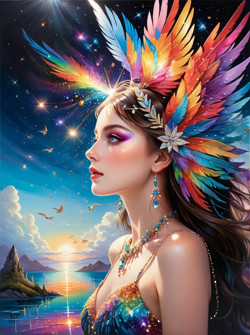 Dramatic depiction of a stunning beauty with glittering wings，Rainbow feathers，She flew over surrealism，Dusk sky，Leaving a trail of stardust behind，Her eyes sparkled with mystery and curiosity.，She is surrounded by floating islands that are not affected by gravity.，Each piece is decorated with brightly colored floating crystals.，Bold and fantastical colors，Create an otherworldly beauty，Use drone cameras to capture unique angles