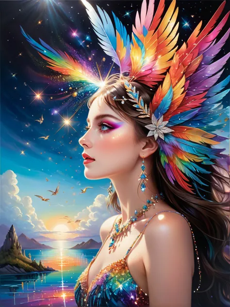 dramatic depiction of a stunning beauty with glittering wings，rainbow feathers，she flew over surrealism，dusk sky，leaving a trail...