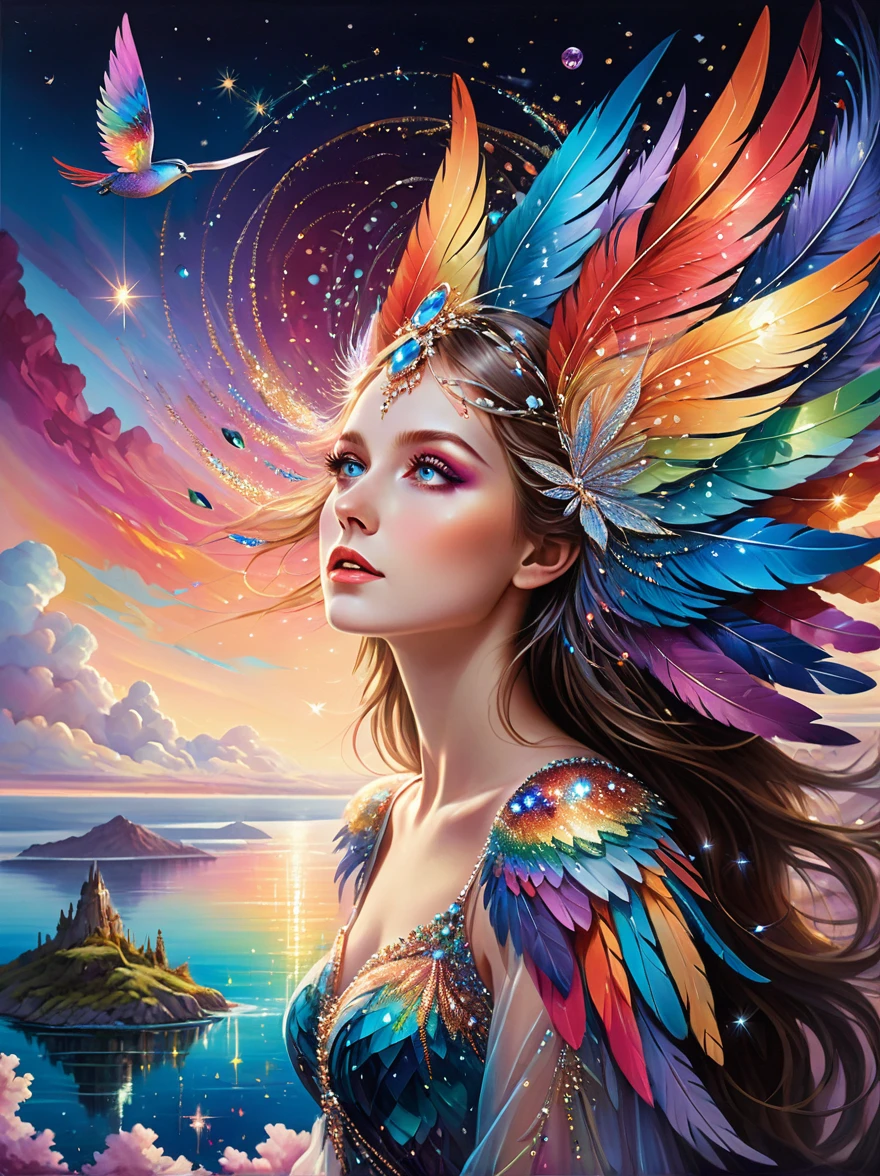 Dramatic depiction of a stunning beauty with glittering wings，Rainbow feathers，She flew over surrealism，Dusk sky，Leaving a trail of stardust behind，Her eyes sparkled with mystery and curiosity.，She is surrounded by floating islands that are not affected by gravity.，Each piece is decorated with brightly colored floating crystals.，Bold and fantastical colors，Create an otherworldly beauty，Use drone cameras to capture unique angles