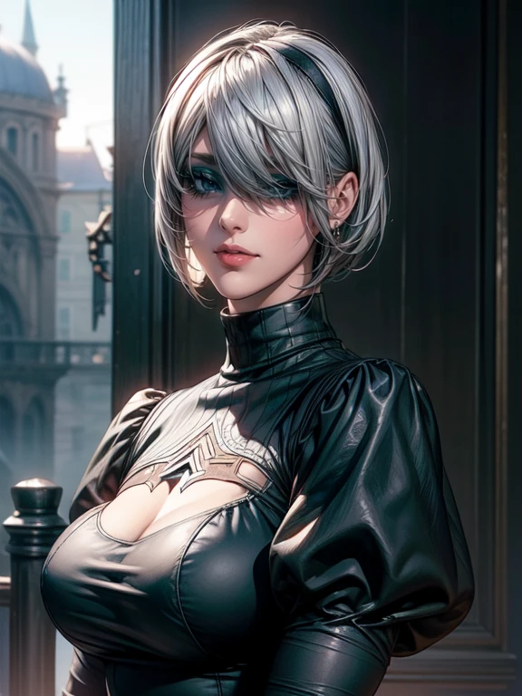 One Girl, Wow, (Blindfold), chest, Chest cleavage, Chest cleavage cutout, Dress cutout, Old Western castle street background, Hair between the eyes, head band, Blindfold to cover both eyes, High resolution, Juliet Sleeve, Long sleeve, nier (series), nier automata, Fluffy sleeves, Red lips, Lips with raised corners of the mouth, Smiling Lips, Shadow Face, short hair, alone, Turtleneck sweater, Upper Body, l Blue-white silver hair, zero、{{masterpiece、highest quality、(((Realistic、Realistic:1.37)))、8K quality、very detailed and beautiful、It&#39;s a very impressive expression、Large file size、Very detailed}},
