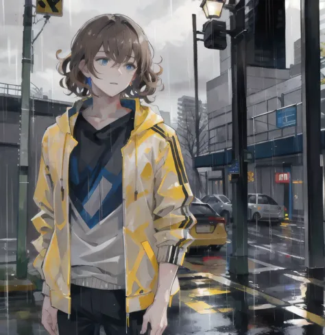 young man, brown hair, curly hair style, medium hair, blue eyes, yellow rain jacket, black pants, in the rain, rain city, grey s...