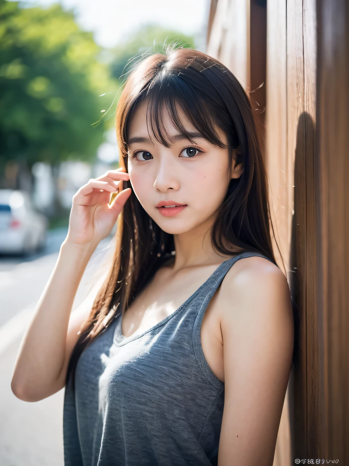 (best quality, photorealistic, high resolution, 8k, 32k:1.2) raw photo, 1 female, Japanese, cute face, high school student, High-quality photos, Everyone&#39;s favourite idol, double eyelids, eye bag, eyelashes,(large breasts,), , pleated mini-skirt, walking street, Charming smile