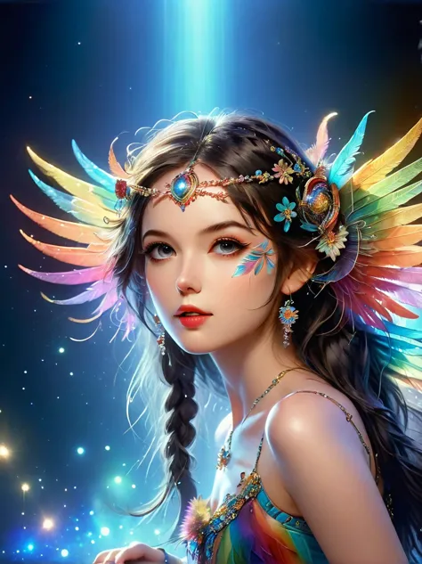 dramatic depiction of a stunning beauty with glittering wings，rainbow feathers，she flew over surrealism，dusk sky，leaving a trail...