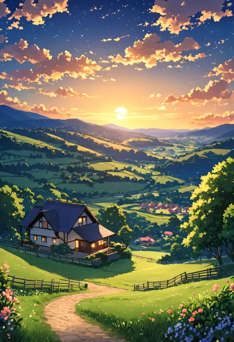 beautiful pastoral setting, estilo anime , a noite