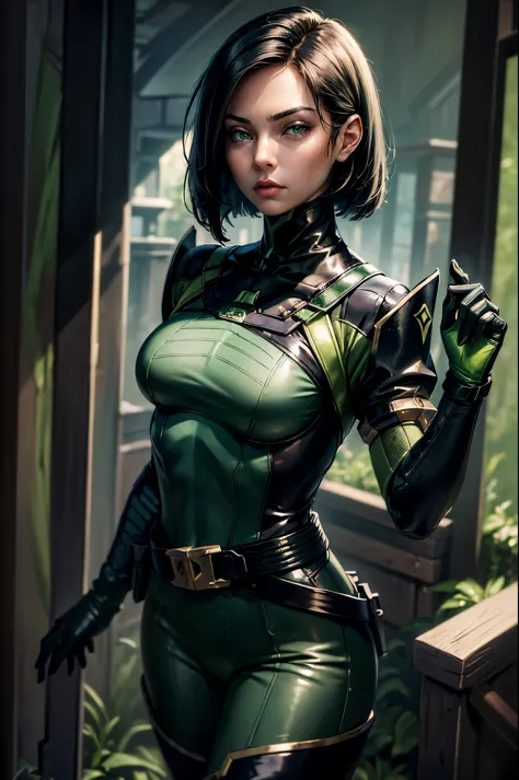 (masterpiece, best quality:1.2), expressive eyes, perfect face, highres, 1girl, solo, valorantviper, green eyes, bodysuit, glove...