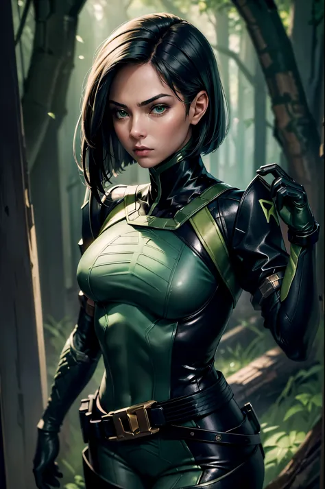 (masterpiece, best quality:1.2), expressive eyes, perfect face, highres, 1girl, solo, valorantviper, green eyes, bodysuit, glove...