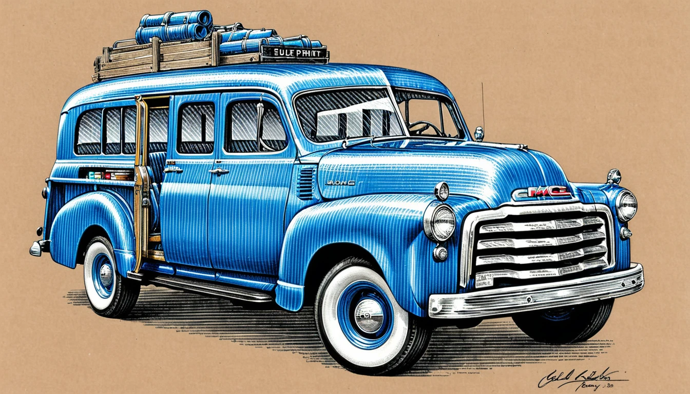 monochrome drawing of blue print 1952 GMC Suburban CarryAll, on kraft paper, Karl Kopinski,  highly detailed