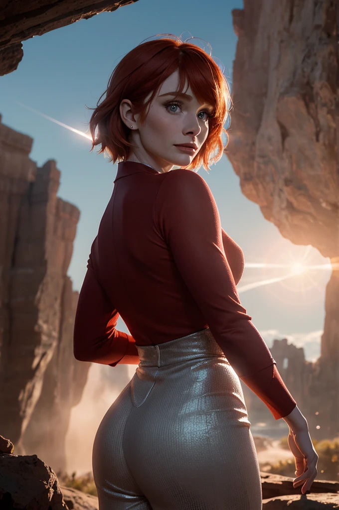 (Bryce Dallas Howard com 35 anos, sozinha:1.2, shot from behind, dynamic pose), (Big head spinning:1.3), Cinematic shot, dramatic lighting emphasizing shadows, detalhes ricos em textura, efeito laser para adicionar profundidade, melhor qualidade.