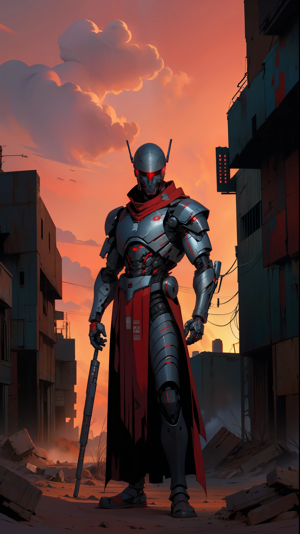 derpd, lethal cyborg assassin wearing robes armor, danger, red sky,post apocalypse 