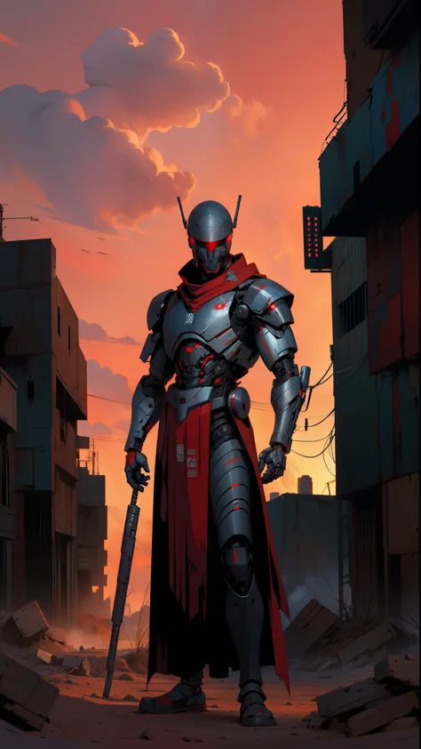 derpd, lethal cyborg assassin wearing robes armor, danger, red sky,post apocalypse