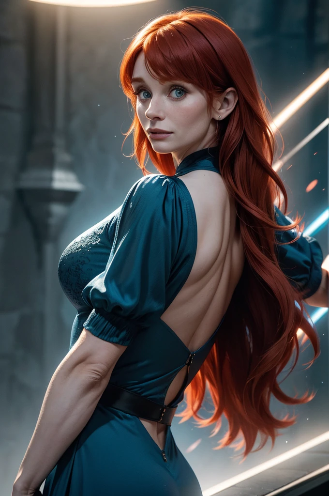 (Bryce Dallas Howard com 35 anos, sozinha:1.2, shot from behind, dynamic pose), (Big head spinning:1.3), Cinematic shot, dramatic lighting emphasizing shadows, detalhes ricos em textura, efeito laser para adicionar profundidade, melhor qualidade. So de calcinha azul Marinho 