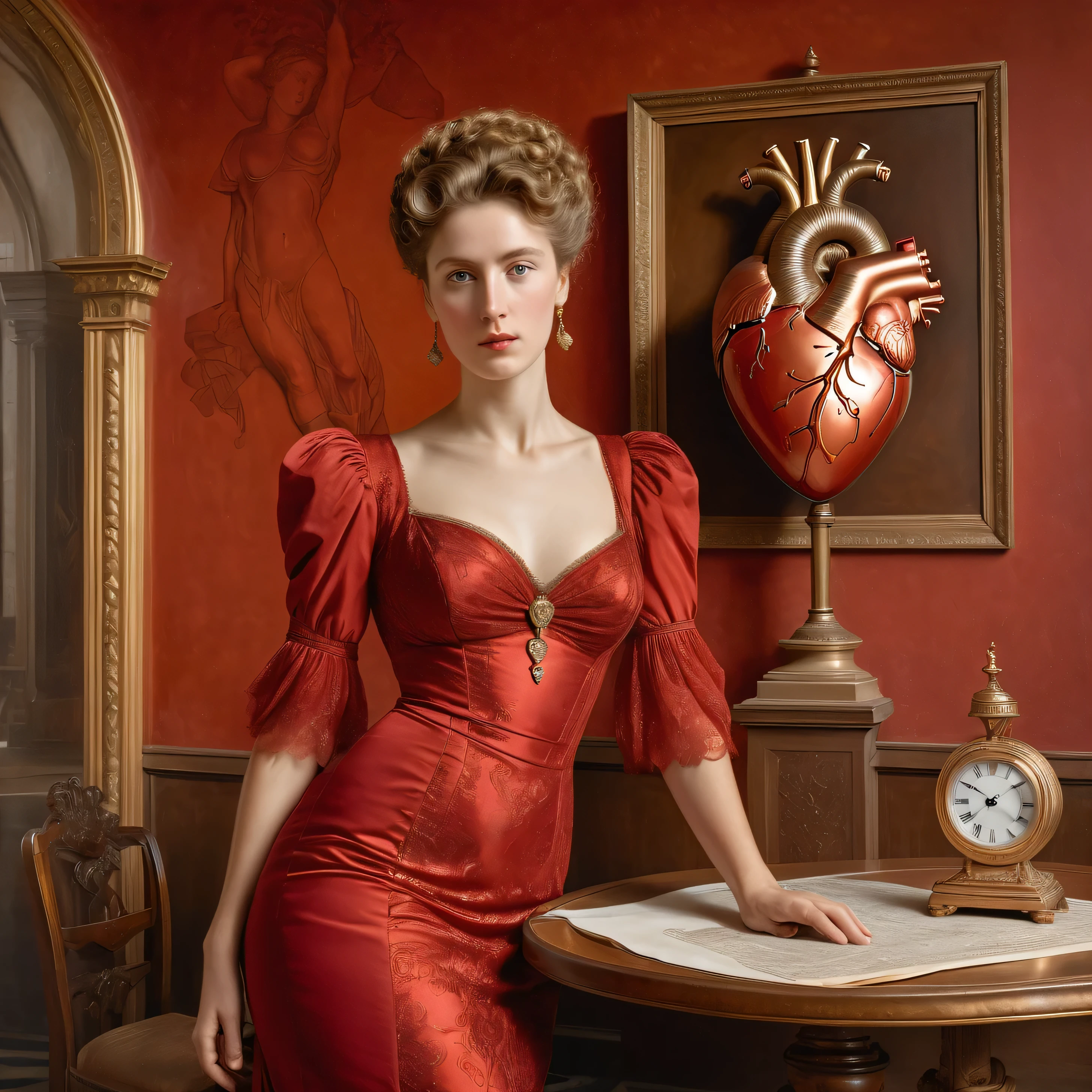 阿爾伯特·約瑟夫·摩爾的風格, 一座古老的大钟的铜钟摆在灯光下闪闪发光, (((桌上擺著一個穿著紅色裙子的女人的肖像))), ((墙上的人体心脏解剖图)), 傑作, 写实摄影, 很多細節, 完整的構圖, 特寫,