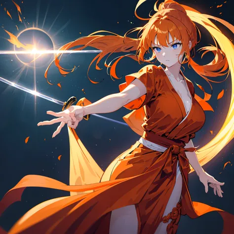 ((Orange Hair　ponytail　Long Hair　Red kimono　Calmness and loneliness))　((Crystal Eyes　blue eyes　night　moon　Cong Yun　Shining Backg...