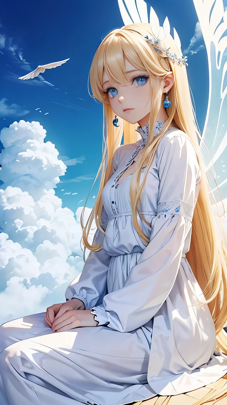 A fairy，long hair，blonde，blue eyes，jewelry，earrings，(It has large white wings on its back.)，Wearing white clothes，(Sitting on a cloud in the sky),(Sit on the clouds)，The expression is very ，Raise your head and look at the sky in the distance，Lean back，There&#39;s a little elf next to me.