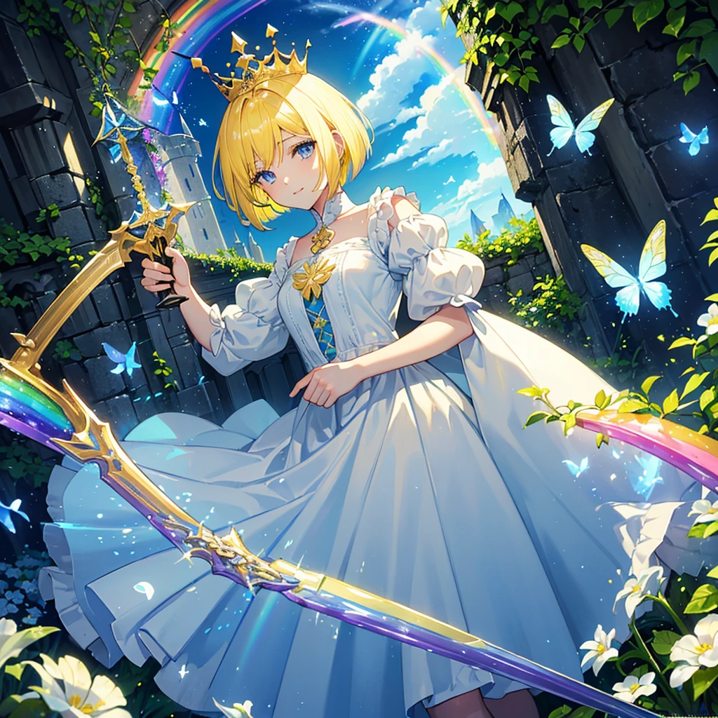 ((Yellow Hair　Short Bob　blue eyes　Blue and white dress　Lonely　A rainbow appears))　((Pull the sword from the stone like King Arthur　white butterfly))　(Inside an abandoned castle　Ivy　Kindness)　bright　rain　plant　tears　smile　Blood splatter
