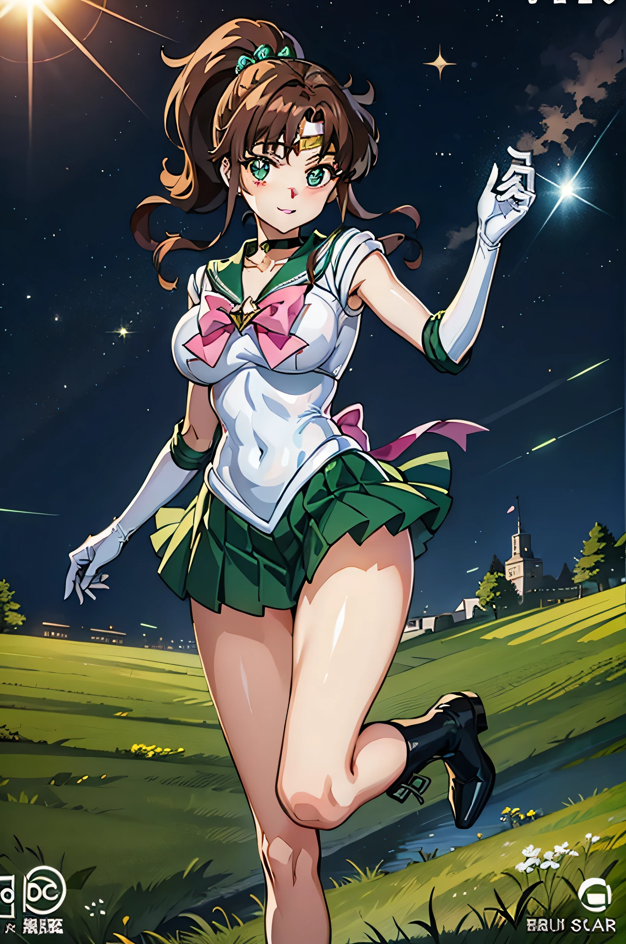 View your viewers, Have a look at this、Looking at the camera、Sailor Jupiter、Are standing、Hmph , Thigh opening、Spread your legs、Beautiful legs、Raise one leg、face exposed to light、Sparkling eyes、Vivid eyes、Clear contours、Clear contours、Clear contours、Detailed contours、blue eyes、Big eyes、Clear Eyes、Clear eyes、ponytail、Brown Hair、White leotard、White gloves、Long gloves、Pink Ribbon、Gold Tiara、Green Brooch、green sailor collar、Green mini skirt、Green pleated skirt、Green elbow pads、Green Boots、Sailor Moon、Laughter、Laughter、Proud face、Confident々face、Cute face,((Tabletop)),((highest quality)),Very detailed,Awareness-raising,Explicit,beautiful body,beautiful nose,beautiful character design,Perfect Eyes,Perfect face,wallpaper,超A high resolution,4K,photograph,(beautiful, Large Breasts:1.2),(beautiful face:1.2),(beautiful legs, Perfect Legs),Shiny skin,Official Style,One Girl,masterpiece、Best image quality、Detailed explanation、One Girl，Large Breasts、grassland、grass