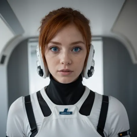 photo of a ginger woman, in space, futuristic space suit, (freckles:0.8) cute face, sci-fi, dystopian, detailed eyes, blue eyes