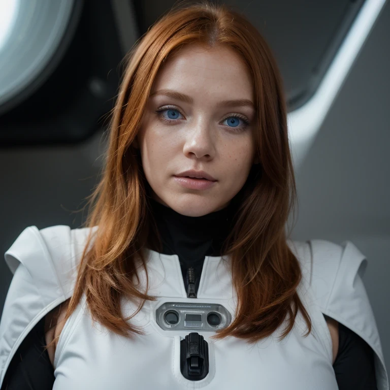 photo of a ginger woman, in space, futuristic space suit, (freckles:0.8) cute face, sci-fi, dystopian, detailed eyes, blue eyes