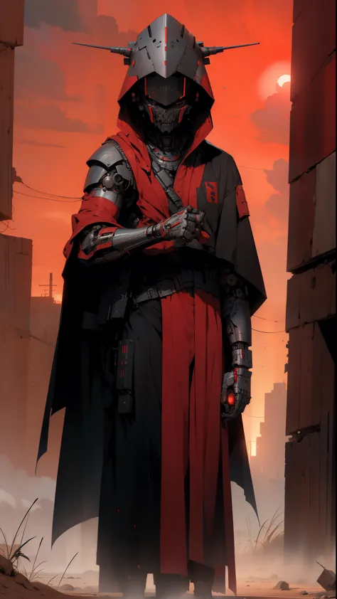 derpd, lethal cyborg assassin wearing robes armor, danger, red sky,post apocalypse 