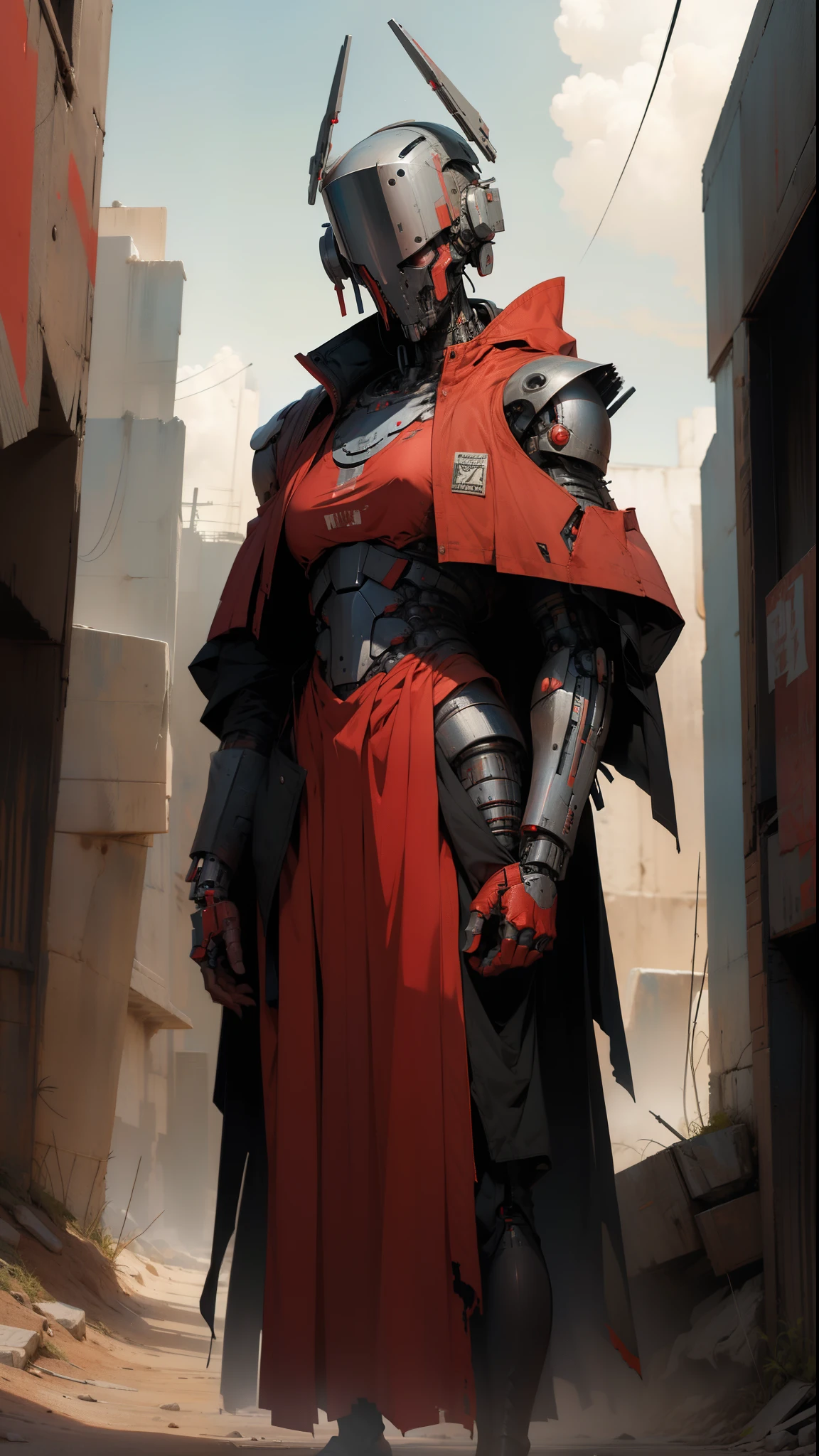 derpd, lethal cyborg assassin wearing robes armor, danger, red sky,post apocalypse 