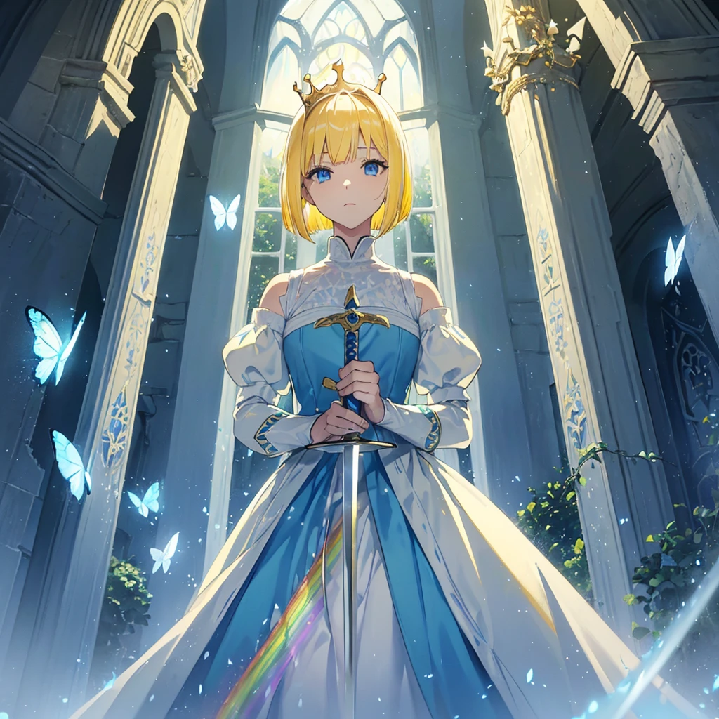 ((Yellow Hair　Short Bob　blue eyes　Blue and white dress　Lonely　A rainbow appears))　((Pull the sword from the stone like King Arthur　Big Sword　white butterfly))　(Inside an abandoned castle　Ivy　Kindness)　bright　rain　plant　tears
