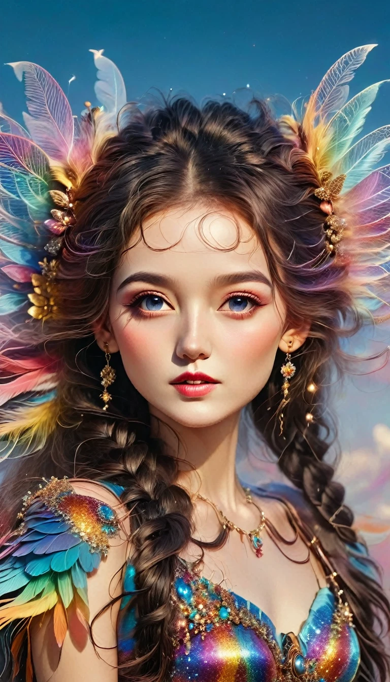 (Seven-part shot:1.6), Dramatic depiction of a stunning beauty with glittering wings，Rainbow feathers，She flew over surrealism，Dusk sky，Leaving a trail of stardust behind，Her eyes sparkled with mystery and curiosity.，She is surrounded by floating islands that are not affected by gravity.，Each piece is decorated with brightly colored floating crystals.，Bold and fantastical colors，Create an otherworldly beauty，Use drone cameras to capture unique angles