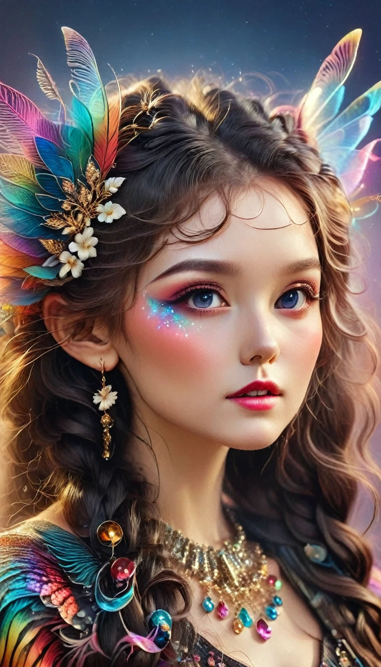 (Seven-part shot:1.6), Dramatic depiction of a stunning beauty with glittering wings，Rainbow feathers，She flew over surrealism，Dusk sky，Leaving a trail of stardust behind，Her eyes sparkled with mystery and curiosity.，She is surrounded by floating islands that are not affected by gravity.，Each piece is decorated with brightly colored floating crystals.，Bold and fantastical colors，Create an otherworldly beauty，Use drone cameras to capture unique angles