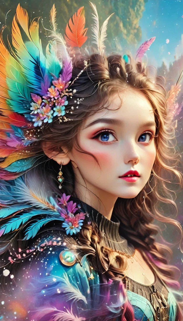 (Seven-part shot:1.6), Dramatic depiction of a stunning beauty with glittering wings，Rainbow feathers，She flew over surrealism，Dusk sky，Leaving a trail of stardust behind，Her eyes sparkled with mystery and curiosity.，She is surrounded by floating islands that are not affected by gravity.，Each piece is decorated with brightly colored floating crystals.，Bold and fantastical colors，Create an otherworldly beauty，Use drone cameras to capture unique angles