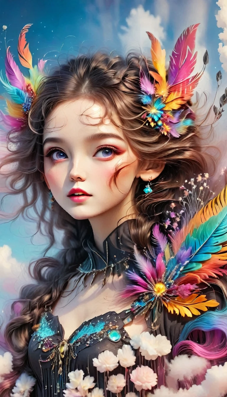 (Seven-part shot:1.6), Dramatic depiction of a stunning beauty with glittering wings，Rainbow feathers，She flew over surrealism，Dusk sky，Leaving a trail of stardust behind，Her eyes sparkled with mystery and curiosity.，She is surrounded by floating islands that are not affected by gravity.，Each piece is decorated with brightly colored floating crystals.，Bold and fantastical colors，Create an otherworldly beauty，Use drone cameras to capture unique angles