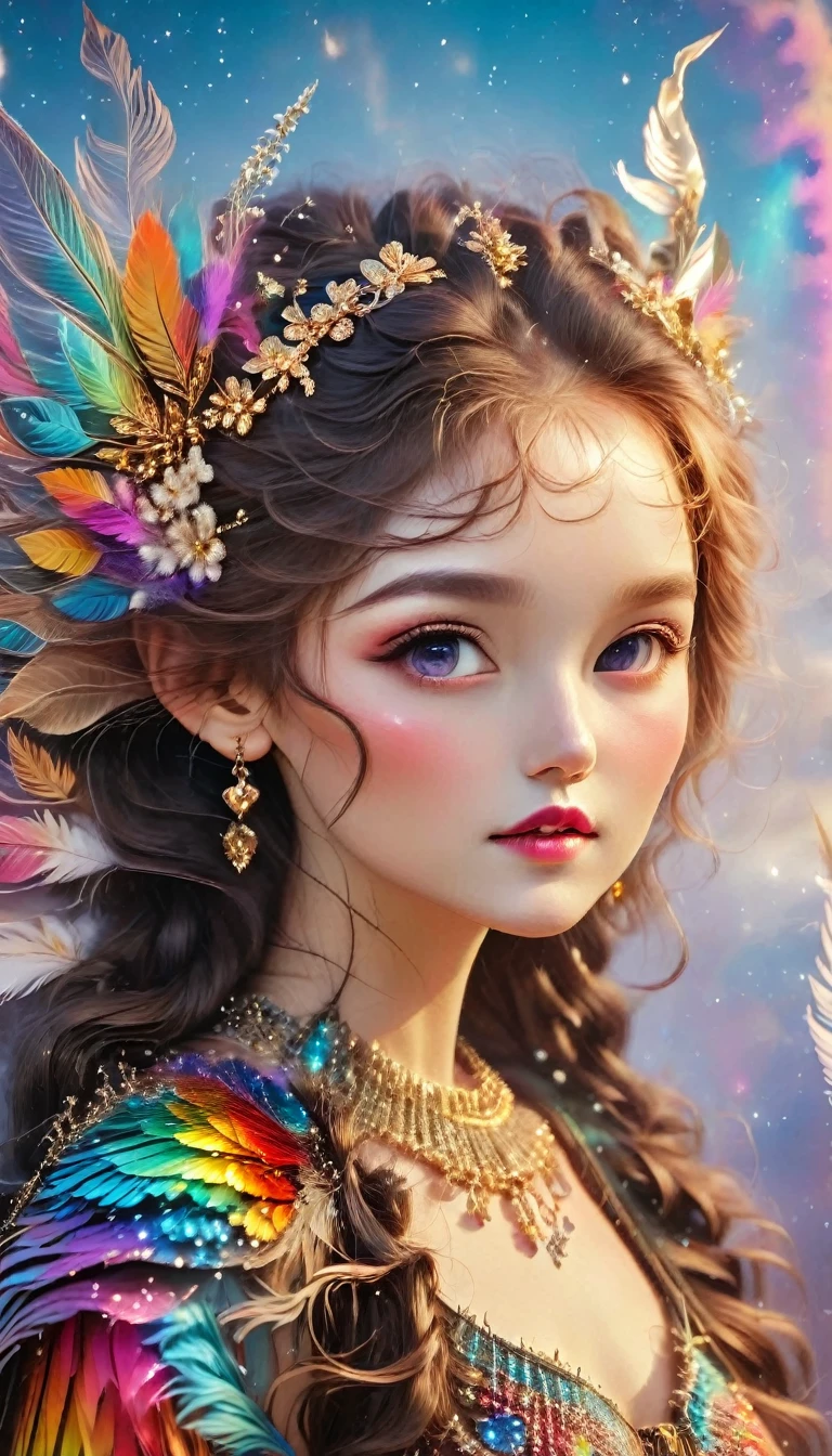 (Seven-part shot:1.6), Dramatic depiction of a stunning beauty with glittering wings，Rainbow feathers，She flew over surrealism，Dusk sky，Leaving a trail of stardust behind，Her eyes sparkled with mystery and curiosity.，She is surrounded by floating islands that are not affected by gravity.，Each piece is decorated with brightly colored floating crystals.，Bold and fantastical colors，Create an otherworldly beauty，Use drone cameras to capture unique angles