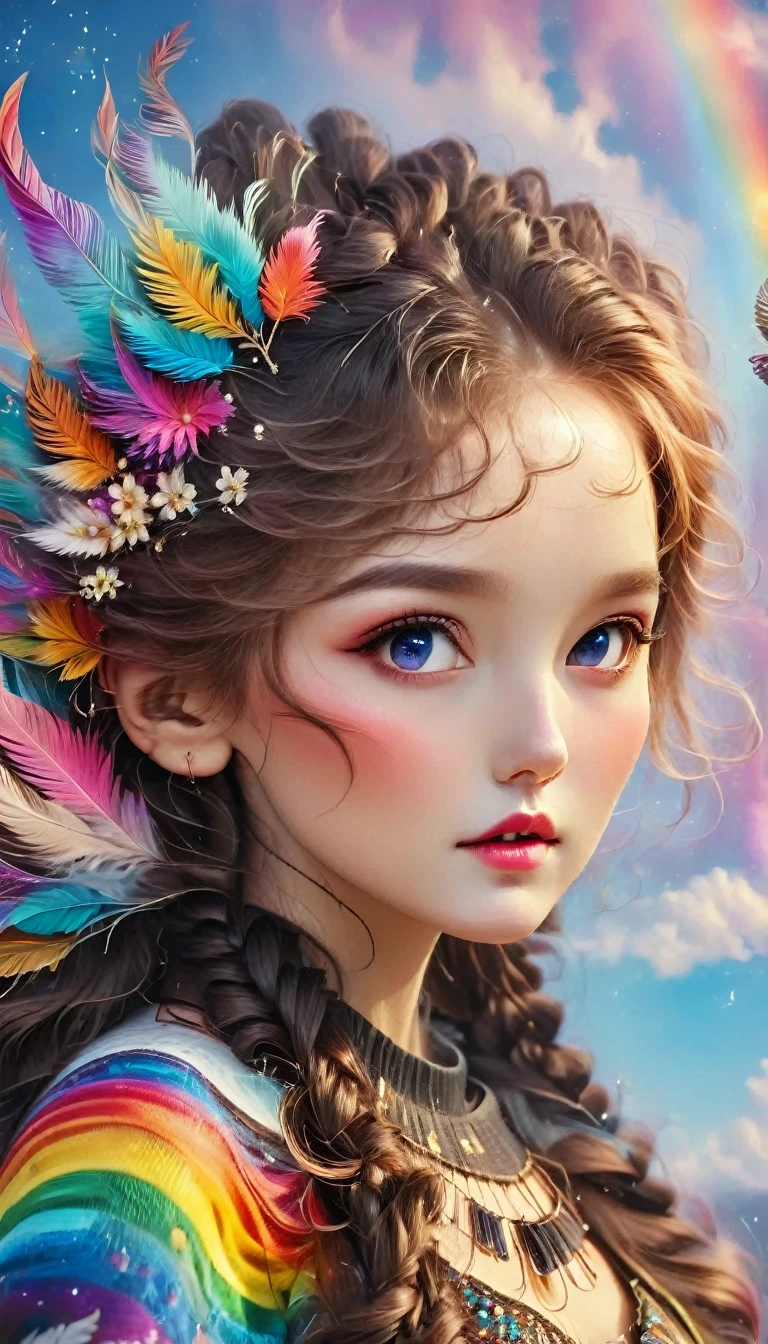 (Seven-part shot:1.6), Dramatic depiction of a stunning beauty with glittering wings，Rainbow feathers，She flew over surrealism，Dusk sky，Leaving a trail of stardust behind，Her eyes sparkled with mystery and curiosity.，She is surrounded by floating islands that are not affected by gravity.，Each piece is decorated with brightly colored floating crystals.，Bold and fantastical colors，Create an otherworldly beauty，Use drone cameras to capture unique angles