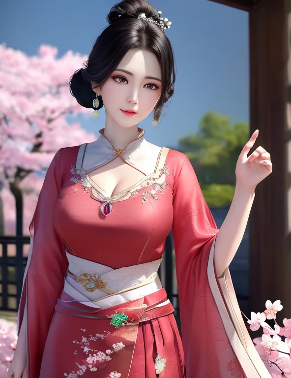 Hyper-realistic 8K CG, Flawless, 乾淨of, masterpiece, Professional artwork, Famous Artworks, Movie Lighting, Movie Bloom, Perfect face, 漂亮of脸蛋, fantasy, Like a dream, illusory, Science fiction,   Lace, Lace trim, Lace-trimmed legwear, luxurious, jewelry, diamond, Kaneko, pearl, gem, 蓝gem, 红gem, emerald, 复杂of细节, 精緻of圖案, charming, 诱人of, 诱人of, of, enchanting, Hair accessories, neckLace, earrings, bracelet, armband,Halo,autumn,
(,1 Girl, View,最好of质量, )  , (,1 Girl,  独自of, Large Breasts,Cleavage， Looking at the audience,  Cherry blossoms,     ) 
 