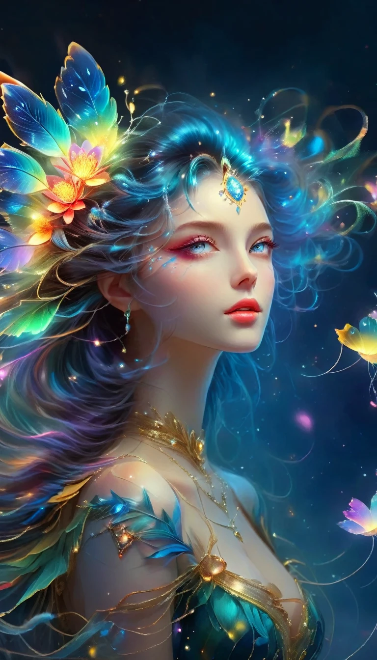 (Seven-part shot:1.6), Dramatic depiction of a stunning beauty with glittering wings，Rainbow feathers，She flew over surrealism，Dusk sky，Leaving a trail of stardust behind，Her eyes sparkled with mystery and curiosity.，She is surrounded by floating islands that are not affected by gravity.，Each piece is decorated with brightly colored floating crystals.，Bold and fantastical colors，Create an otherworldly beauty，Use drone cameras to capture unique angles