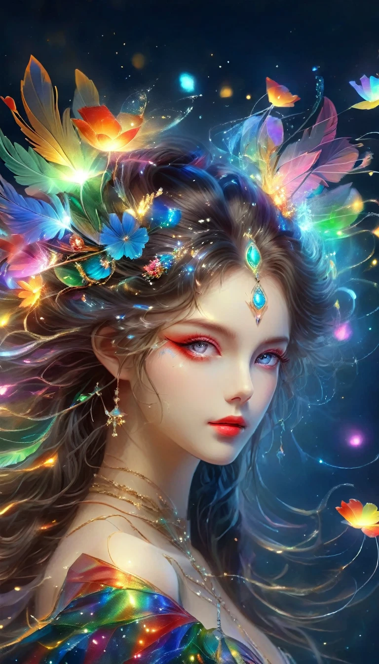 (Seven-part shot:1.6), Dramatic depiction of a stunning beauty with glittering wings，Rainbow feathers，She flew over surrealism，Dusk sky，Leaving a trail of stardust behind，Her eyes sparkled with mystery and curiosity.，She is surrounded by floating islands that are not affected by gravity.，Each piece is decorated with brightly colored floating crystals.，Bold and fantastical colors，Create an otherworldly beauty，Use drone cameras to capture unique angles