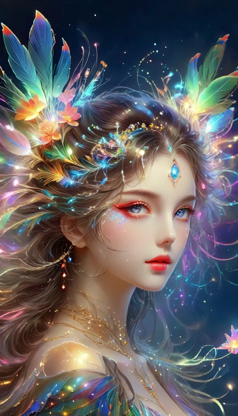 (Seven-part shot:1.6), Dramatic depiction of a stunning beauty with glittering wings，Rainbow feathers，She flew over surrealism，Dusk sky，Leaving a trail of stardust behind，Her eyes sparkled with mystery and curiosity.，She is surrounded by floating islands that are not affected by gravity.，Each piece is decorated with brightly colored floating crystals.，Bold and fantastical colors，Create an otherworldly beauty，Use drone cameras to capture unique angles