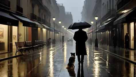 style by joseph leo mankiewicz, a man with a short brown beard in a raincoat stands under a black umbrella on a wet sidewalk and...