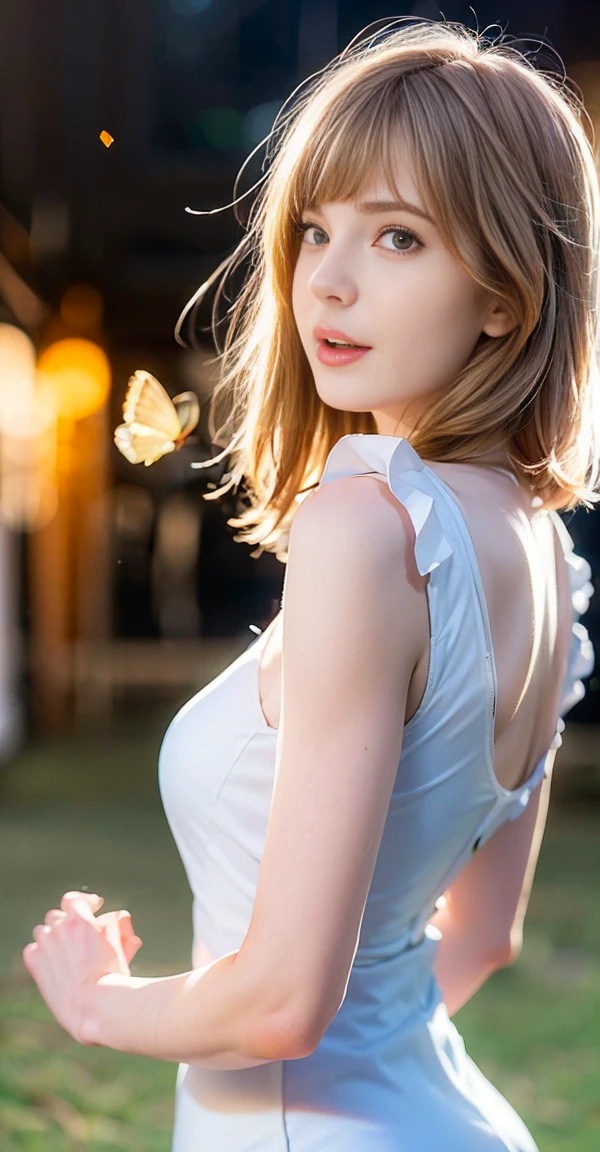 Ella Freya, ((masterpiece, highest quality, Highest image quality, High resolution, photorealistic, Raw photo, 8K)), ((Extremely detailed CG unified 8k wallpaper)), A lone blue butterfly fluttering in the starry sky, Huge butterfly wings from the back, (blue glowing wings), Blue wings shining in the dark night, summer dress fluttering,
