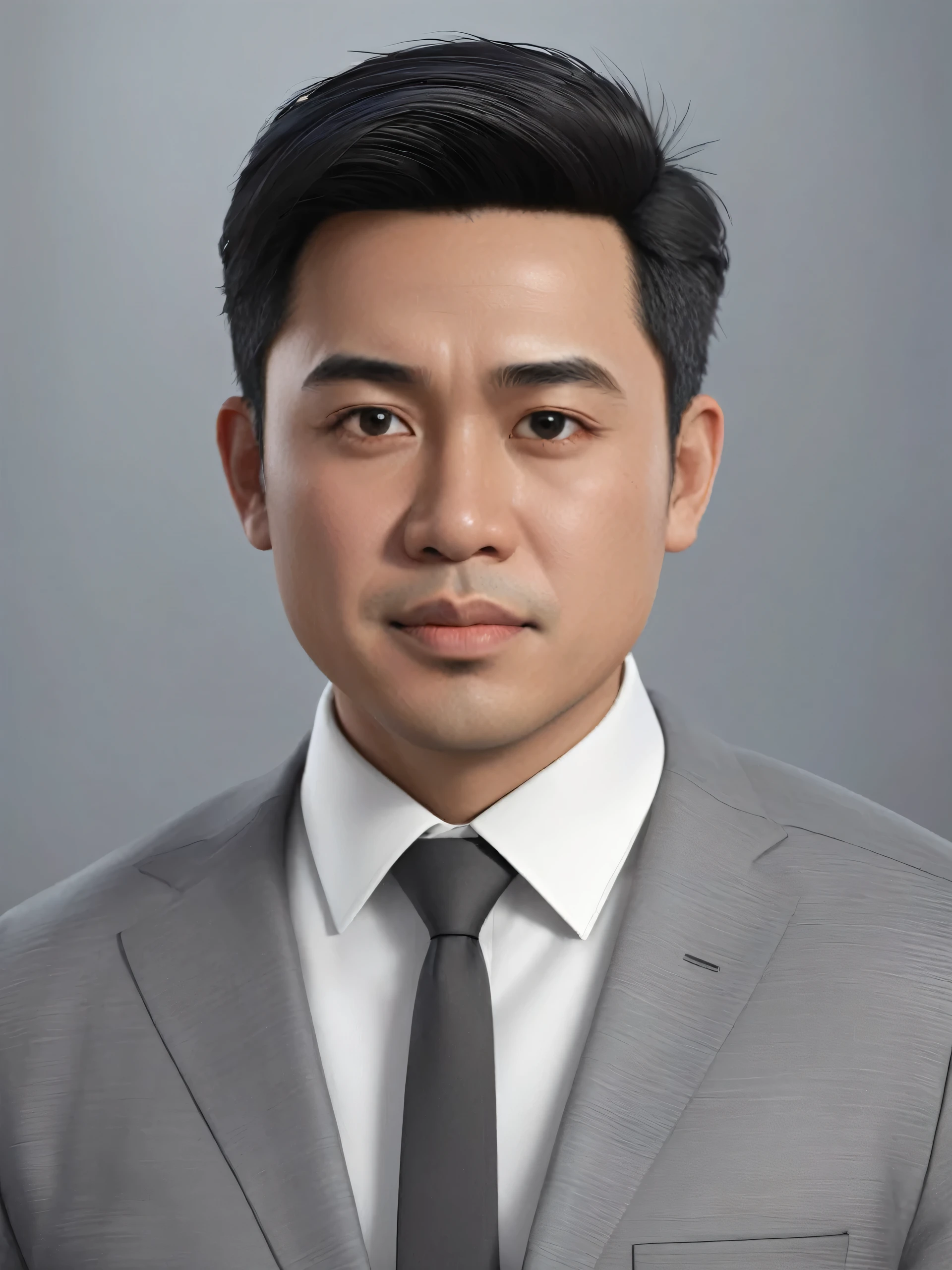 hyperrealistic 3D caricature, indonesian man dressed in a grey suit with a white shirt and a dark tie. The suit is well-fitted, showcasing visible stitching and a pocket on the left side. The white shirt appears crisp and neatly tucked under the suit. The dark-colored tie provides a striking contrast against the white shirt. The background is plain and matches the grey tone of the suit.