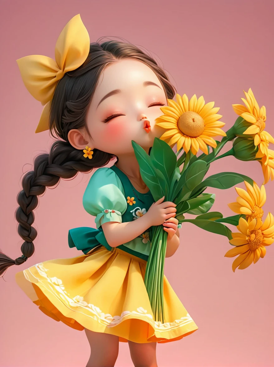 Cute little girl with long braids，Kissing in front of the camera，Wearing a skirt，Holding a huge flower，(Close one eye:1.6)，3D Rendering，Solid color background，close up，chibi anime，Surrealism，cartoon Q version, by Tiago Hoisel