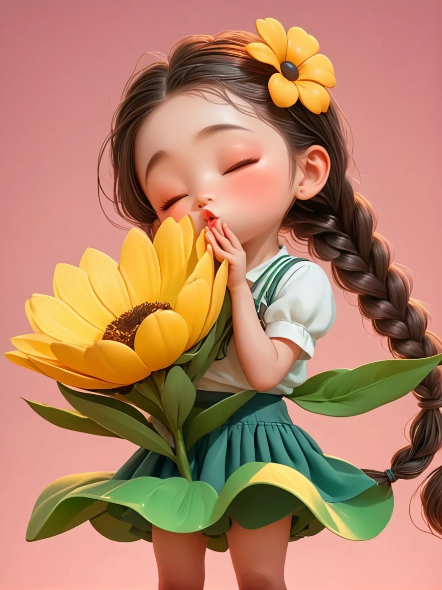 Cute little girl with long braids，Kissing in front of the camera，Wearing a skirt，Holding a huge flower，(Close one eye:1.6)，3D Rendering，Solid color background，close up，chibi anime，Surrealism，cartoon Q version, by Tiago Hoisel