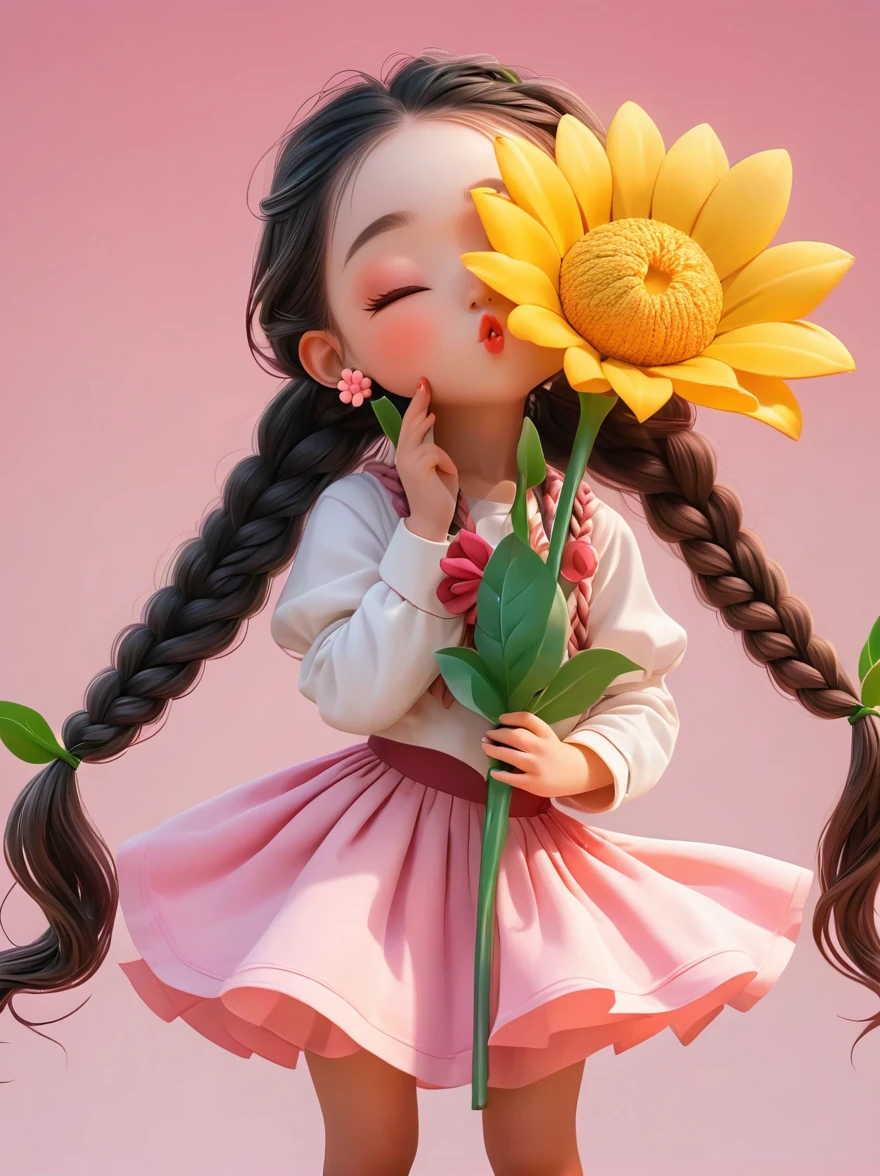 Cute little girl with long braids，Kissing in front of the camera，Wearing a skirt，Holding a huge flower，(Close one eye:1.6)，3D Rendering，Solid color background，close up，chibi anime，Surrealism，cartoon Q version, by Tiago Hoisel