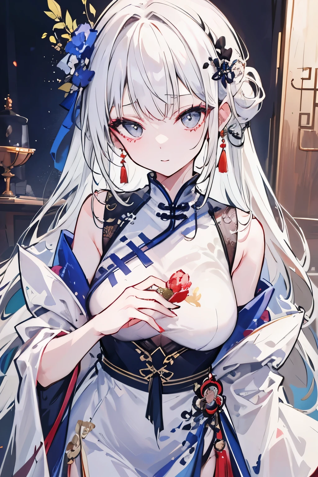 ((best quality)), ((masterpiece)), (detailed), Perfect face, long cream-colored hair tied loosely、
A girl with long narrow eyes wearing a white Chinese dress