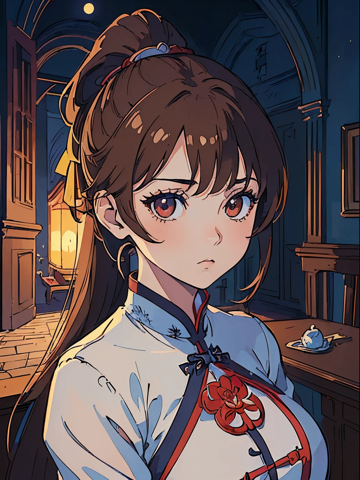 ((masterpiece, best quality)), ((anime girl in the castle hall, night, moonlight retro style)) (1girl, , portrait, close up), (solo, elegant beauty, cool woman), (female focus, loli), (brown hair, ponytail hair),browns eyes, detailed eye, ((red qipao, huge breasts)), portraits, dramatic lighting, blueish light, calm atmosphere