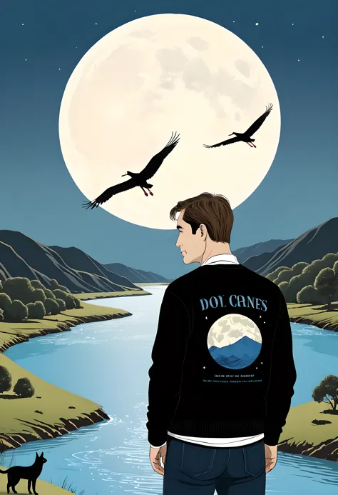 style by Alessandro Gottardo, typographic art a man in a black sweater stands over a blue river against the backdrop of the moon...